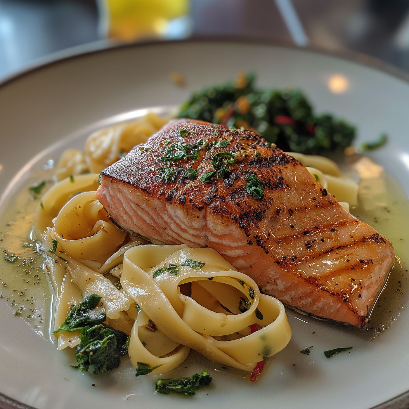 Teller mit Tagliatelle und Lachs