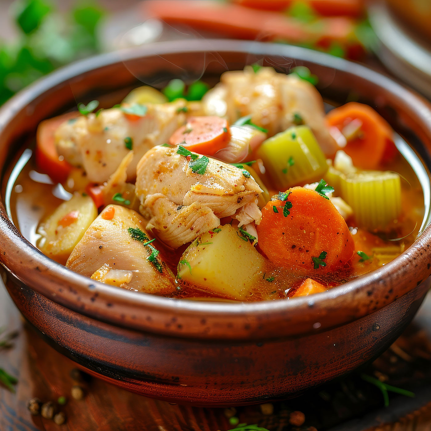 Schale mit einem Eintopf mit Hühnchen, Kartoffeln, Sellerie und Möhren