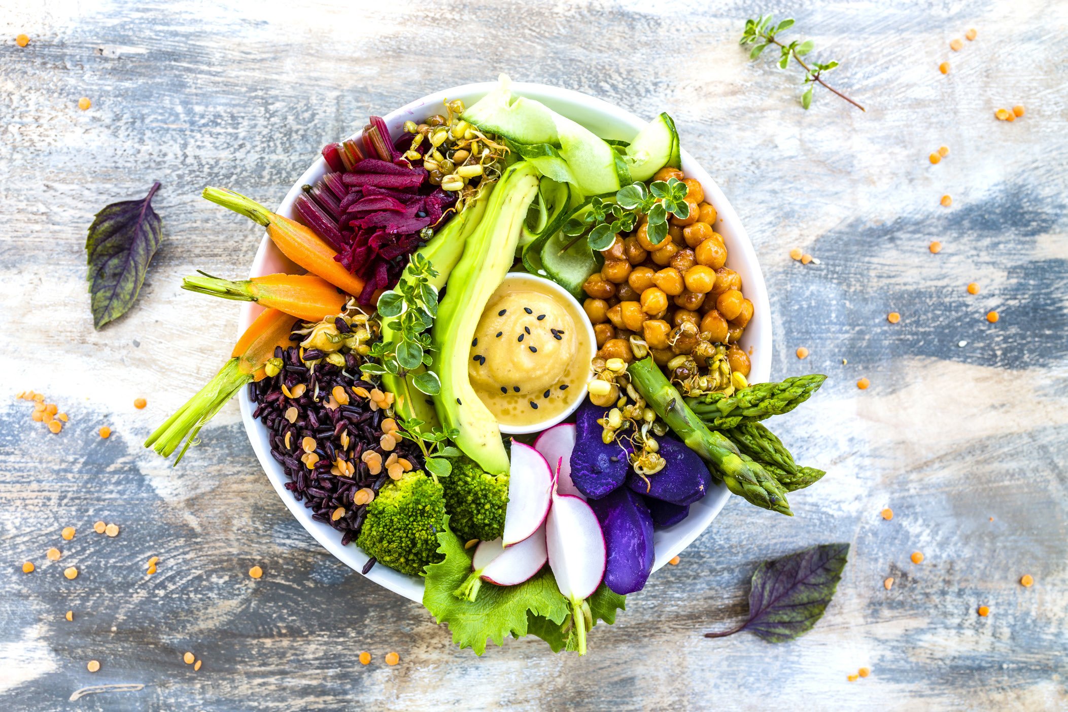 Vielseitige Bowl mit frischen Zutaten Brokkoli, Avocado, Rote Beete, Kichererbsen und einem leckeren Dip