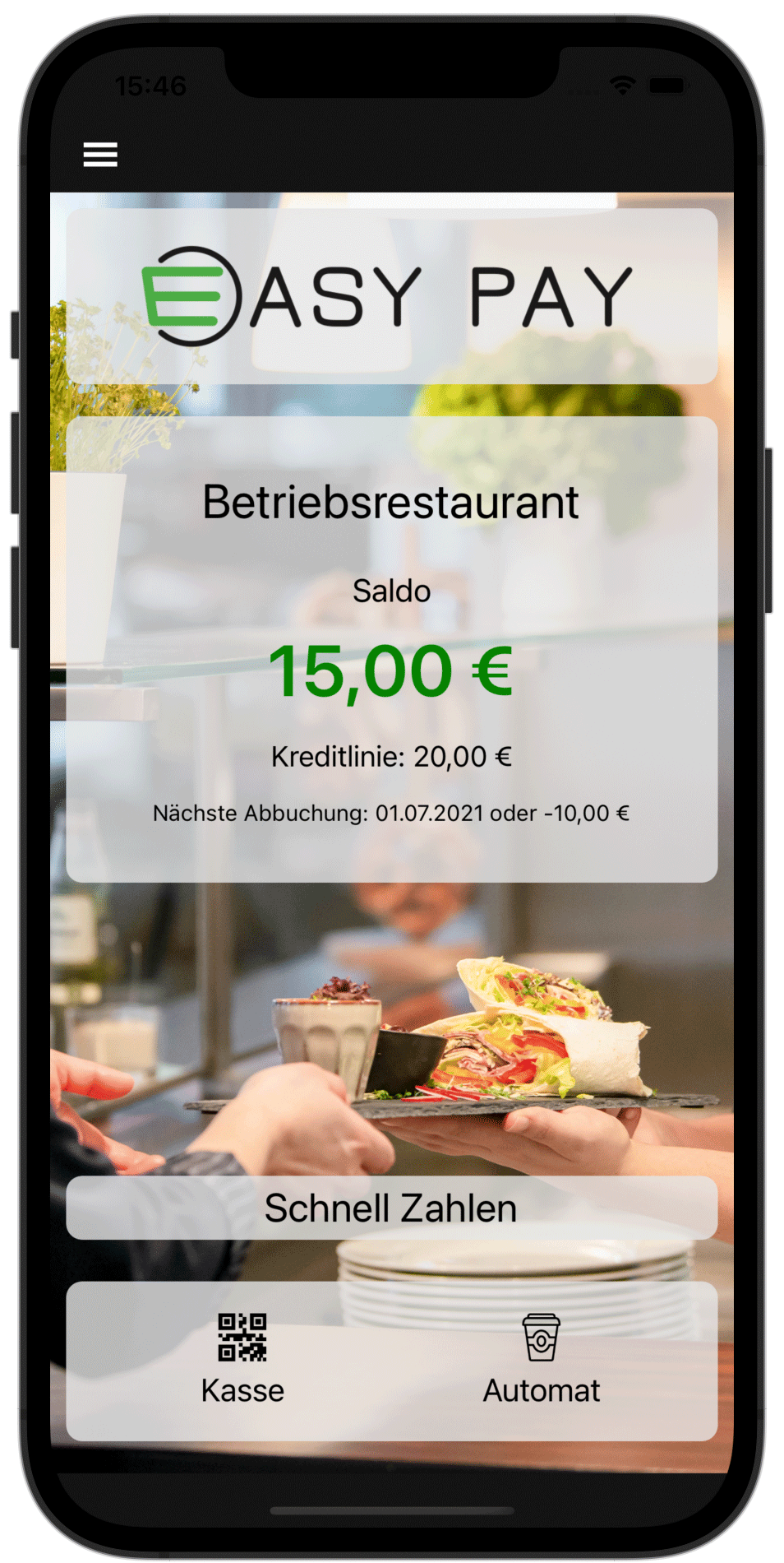 Smartphone mit der EASY PAY App von apetito catering