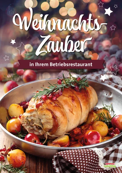 Rouladen in einem Edelstahltopf mit Äpfeln und Rosmarin. Stehend auf einem weihnachtlich gedecktem Tisch. Mittig die Überschrift:Weihnachtszauber 