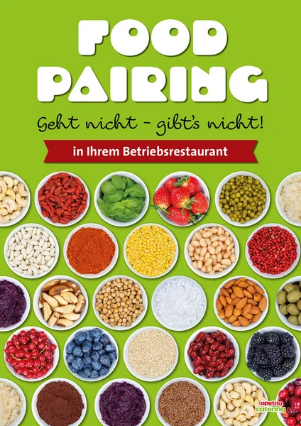 verschiedene Gemüse und Obstsorten in kleine aufgereihten Schälchen auf einem hellgrünen Untergrund. Mit der weißen dicken Überschrift: Food pairing 