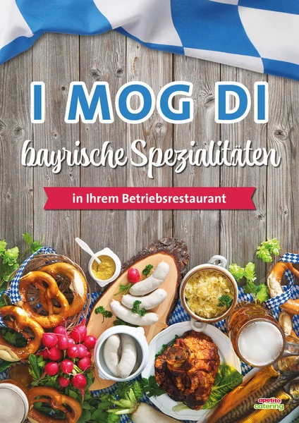 Bayrische Spezialitäten, wie Weißwurst, Brezel und Bier. Mit einem weiß blauen Titel: I mog di 