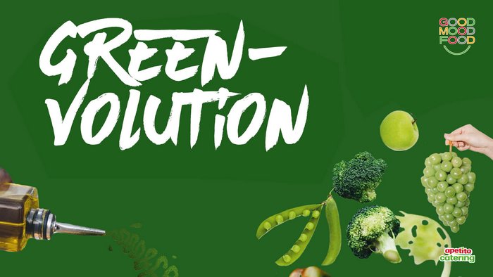 Unten rechts grüne Gemüse und Obstsorten, unten links eine Ölflasche auf einem dunkelgrünen Hintergrund mit weißer Aufschrift: Greenvolution 