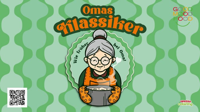 Gezeichnete Oma, in der Hand eine Topf mit kochender Suppe. Darüber in schnörkeliger oranger Schrift: Omas Klassiker. Im Hintergrund hell und dunkel grüne Kreise. 