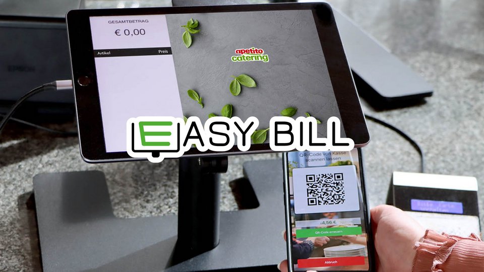 Anwendung easy bill, im Hintergrund ein schwarzes Ipad und ein schwarzes Handy mit einem QR-Code